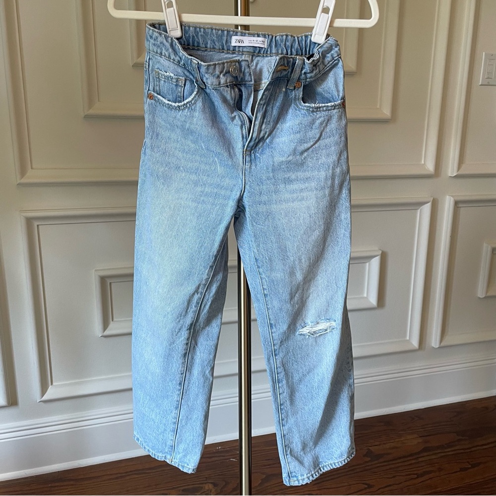 Girls Zara Jeans Light Blue Straight Leg 11-12 distressed faded adjustable waist